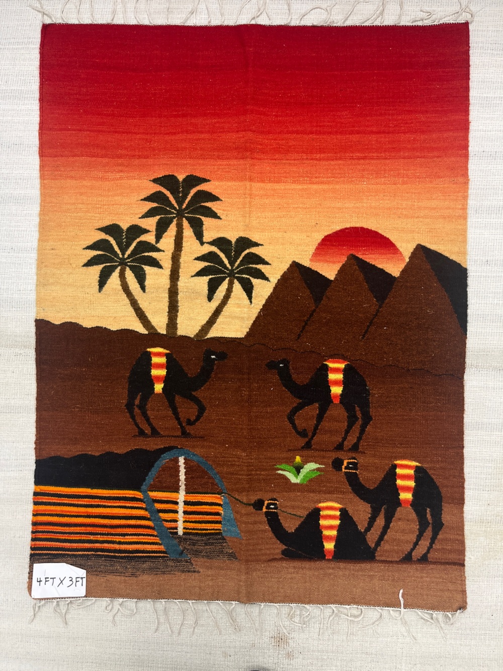 Handwoven Desert Scene Wall Hanging — Sunset Red, Orange, Brown Egyptian